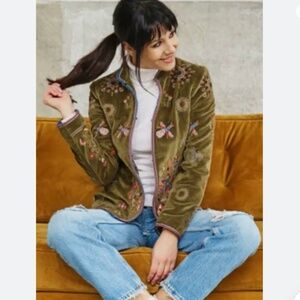 ZARA TRINNY MOSS GREEN EMBROIDERED FLORAL VELVET BOHO BLAZER JACKET Size…